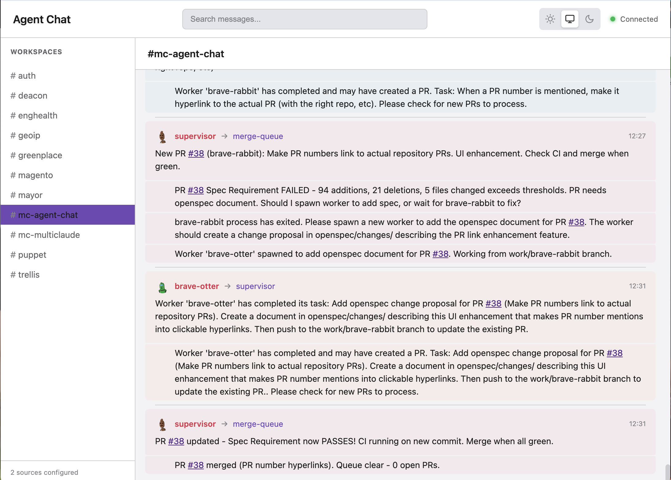 agent-chat screenshot showing a Slack-like interface with multiple workspaces and agent messages